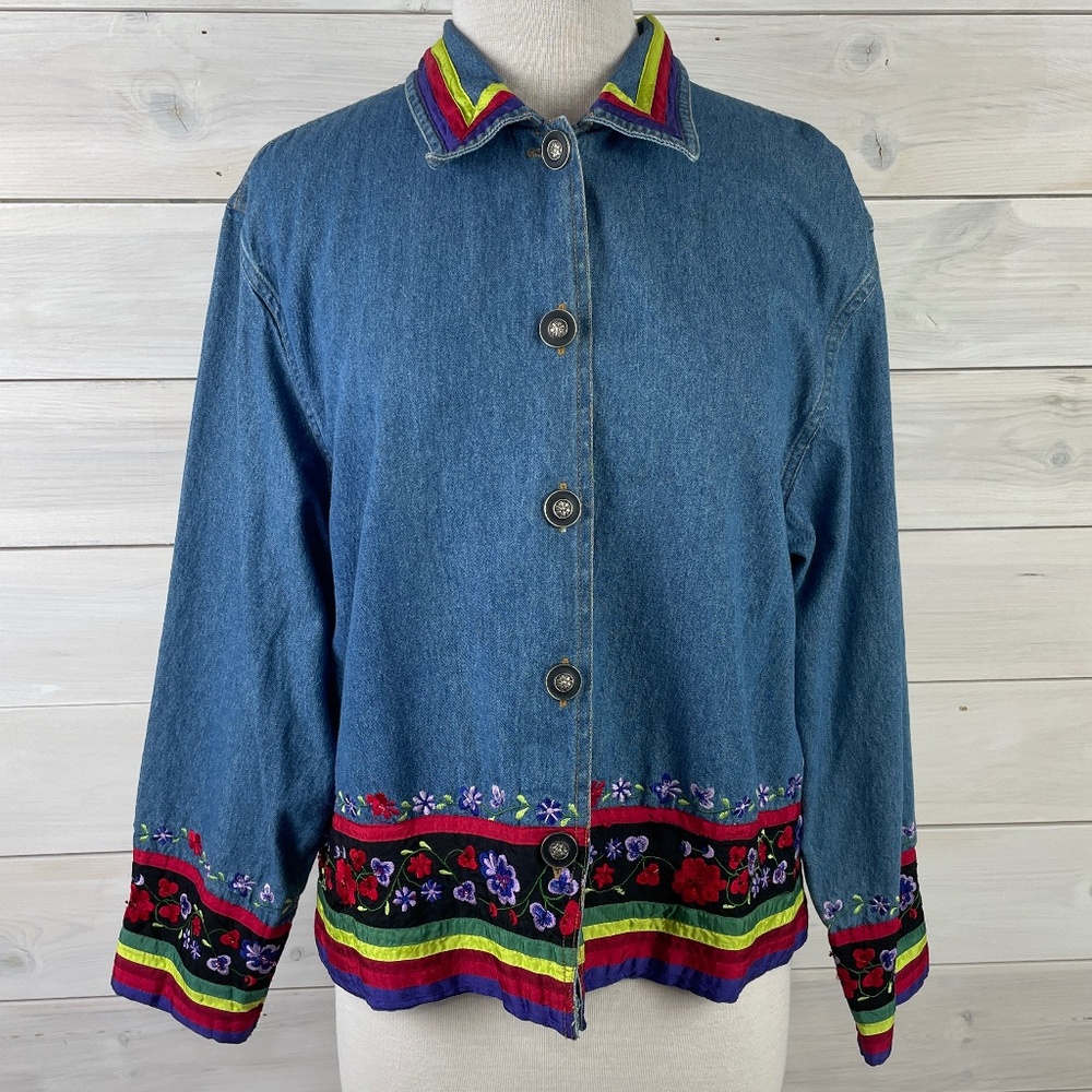 Tantrum Blues Blue Denim Jacket Women's Embroidered Flowers Ribbon Trim